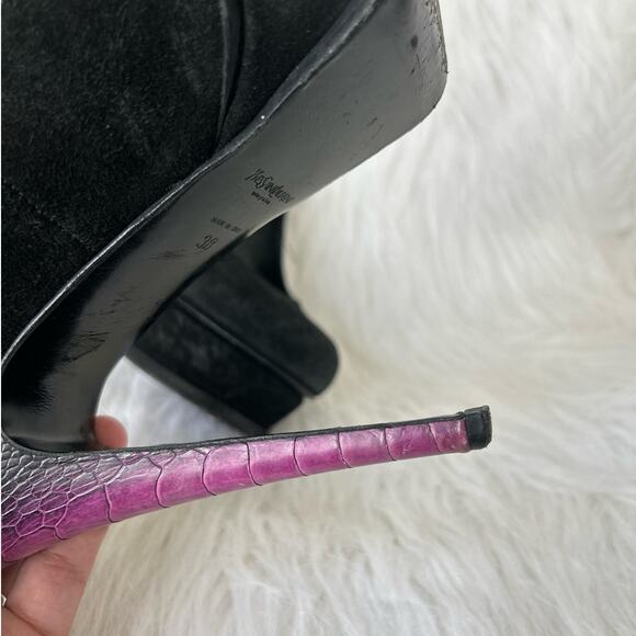 YSL Yves Saint Laurent Tribute Black Suede Purple Platform Pumps Size 38 7.5 - Picture 6 of 9